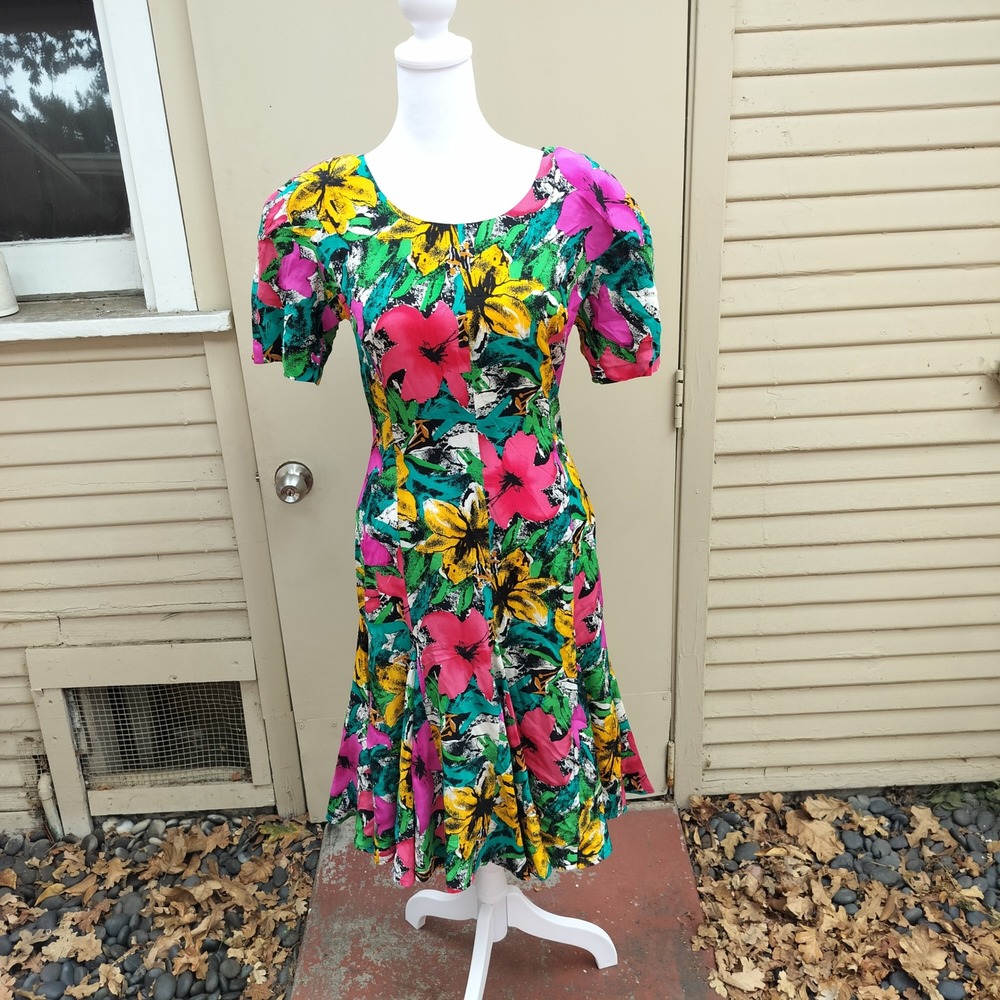 Vintage Pat Argenti Silk Floral Dress Multicolor Flared Short Sleeve‎ Sz 4